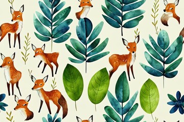 Watercolor seamless pattern with forest animals and natural elements. Deer, fox, moose, rabbit, lynx, plant, leaf, flowers. Woodland creatures in the wild. Illustration for nursery, wallpaper