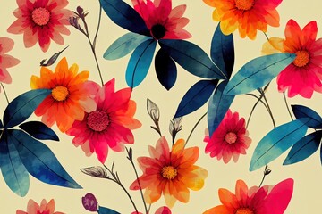 digital printing textile pattern wallpaper colorful flower with watercolor background illustration