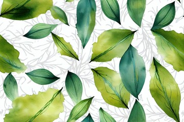 Seamless watercolor floral pattern green leaves and branches composition on white background, perfect for wrappers, wallpapers, postcards, greeting cards, wedding invitations, romantic events.