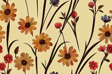 Fototapeten Meadow with flowers, floral seamless pattern of colorful wildflowers, watercolor illustration in rustic style on ivory background. © 2rogan