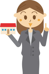住宅やローンについて指さしポーズで説明している女性従業員・不動産屋・ホーム会社