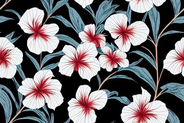 seamless pattern Exotic hawaiian tropical hibiscus flowers and palm on black background artwork for fabrics, souvenirs, packaging, greeting cards and scrapbooking