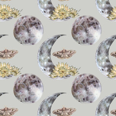 Seamless pattern watercolor magic moon month with moth and flower on dark background. Hand-drawn night luna light for wallpaper. Boho style for wrapping. Astrology object on sky. Art for sketchbook