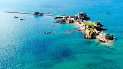 Aerial view of Jersey island country - the largest of the Channel Islands