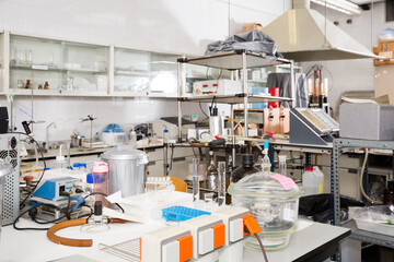 Interior of chemical laboratory equipped with different tools and facilities for scientific research