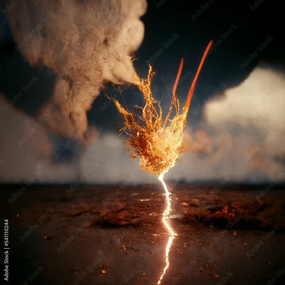 Poster ai-generated digital art of an illuminated lightning explosion with gray smoke on a dark background