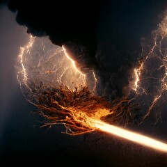 AI-generated digital art of an illuminated lightning explosion with black smoke on a dark background