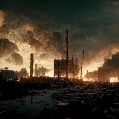 AI-generated digital art of a post-apocalyptic city with burning buildings and boats