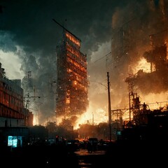 AI-generated art of a post-apocalyptic city with burning buildings and trees