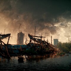 AI-generated digital art of a post-apocalyptic city with destroyed buildings and dense atmosphere