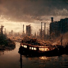AI-generated digital art of a post-apocalyptic city with destroyed buildings, a boat and trees