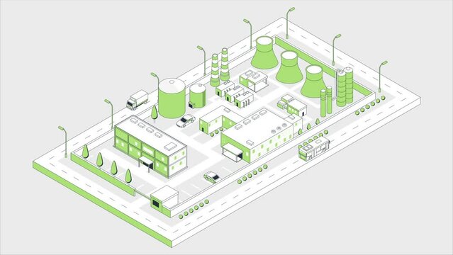 Modern Factory Isometric Map video concept. Moving banner with industrial area, manufactories, warehouses, towers, vehicles and road. Website design. Template or layout. 3D graphic animated cartoon