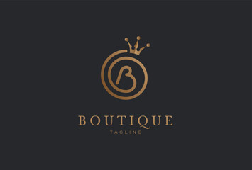 Letter B Logo, initial letter B with crown in gold colour, usable for brand, invitation and business  logos, vector illustration