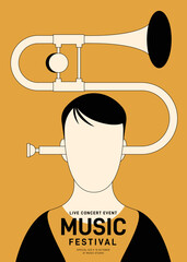 Music festival poster design template background with trombone - obrazy, fototapety, plakaty