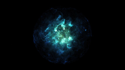 3D rendering orb particle simulate blue energy plasma form.