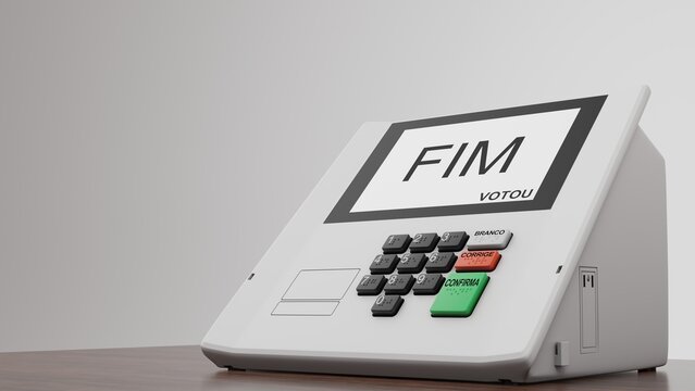 Renderiza&ccedil;&atilde;o 3d de novo modelo de urna eletr&ocirc;nica do Brasil em mesa de madeira e escrito em portugu&ecirc;s na tela: "fim votou", e escrito "branco", "corrige" e "confirma" nos bot&otilde;es.