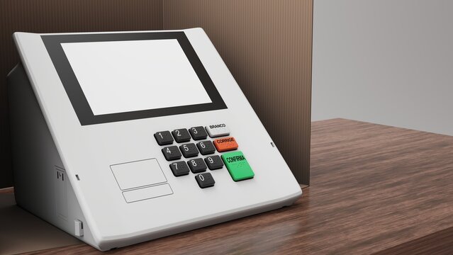 Renderiza&ccedil;&atilde;o 3D de novo modelo de urna eletr&ocirc;nica do Brasil em cabine de vota&ccedil;&atilde;o de papel&atilde;o sobre mesa de madeira, escrito em portugu&ecirc;s nos bot&otilde;es: "branco", "corrige" e "confirma", com tela branca.