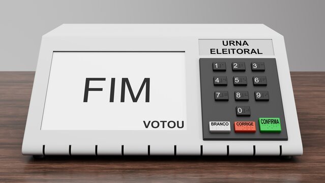 Renderiza&ccedil;&atilde;o 3d de urna eletr&ocirc;nica brasileira em cima de mesa de madeira, com texto na tela dizendo em portugu&ecirc;s: "fim votou", e escrito "urna eleitoral", "branco", "corrige" e "confirma".