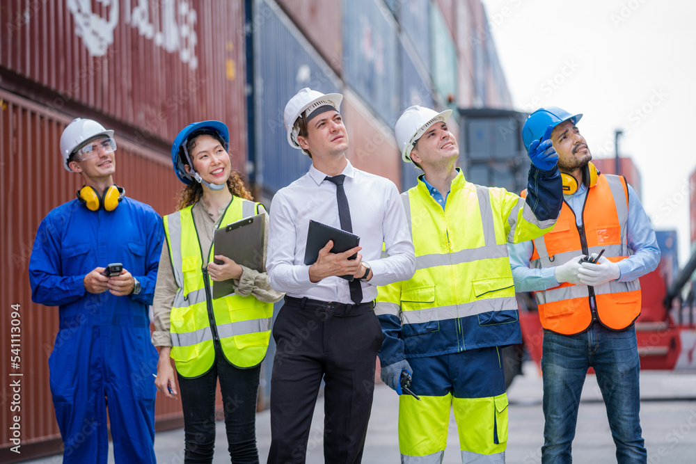 Aufkleber Supervisor and Cargo container worker having discussion on working plan together in the container yard,Container in export and import business and logistics.