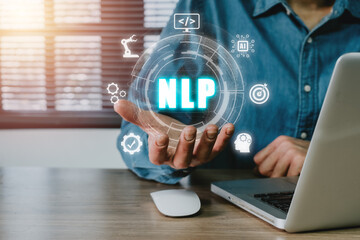 NLP natural language processing cognitive computing technology concept, Business person hand holding VR screen NLP icon on office desk, AI Artificial intelligence. - obrazy, fototapety, plakaty