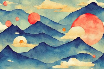 Hand drawn landscape, hills, trail, lonely house, mountains, lake and ship, clouds and ballon, cars. Watercolor illustration. Children's horizontal poster. Horizontal border. Seamless pattern.