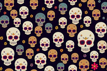 Cute day of the dead skulls with bandana paisley background 2d illustration seamless pattern