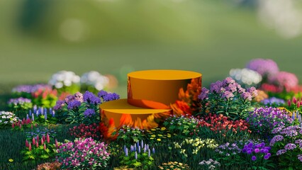 Abstract beautiful full color flower field scene with gold or metal podium for product display...