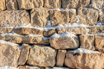 Stacked Stone Wall With Snow