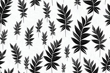 Seamless black and white various tropical leaves pattern 2d illustration
