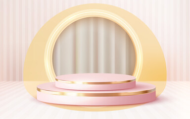 3d rendered luxury rose pink gold podium with white curtain showcase vector 3d