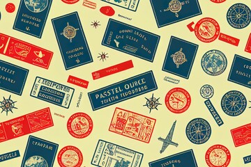 Seamless pattern with touristic stuff like passport, suitcase, globe, compass, plane and map. Endless texture about travel and tourism. Colored flat 2d illustration illustration isolated on white
