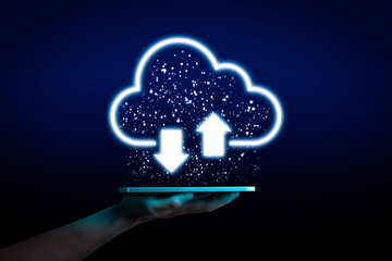 Cloud computing concept - Information technologist connect devices to cloud with cloud computing icon and tablet.