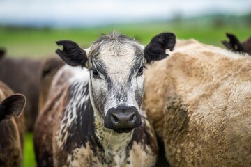 cows and cattle eating grass on a farm. grass fed beef grazing on pasture