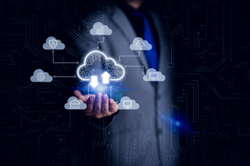 Cloud computing concept - Information technologist connect devices to cloud with cloud computing icon on hand