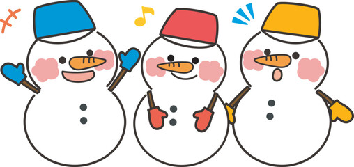ゆきだるま三兄弟が笑顔ではしゃいでいるイラスト