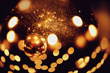 Close-up on a christmas tree with lights and red balls, with a snowing landscape in the background,...