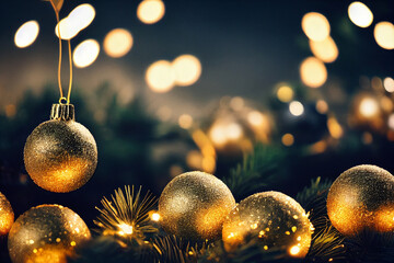 Close-up on a christmas tree with lights and red balls, with a snowing landscape in the background,...