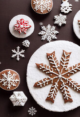 Christmas Tree gingerbread and christmas star cookie with delicate white piped icing, hyper...