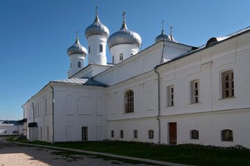 View of the Spassky Cathedral of St. George (Yuryev) Monastery on a sunny summer day, Veliky Novgorod, Russia
