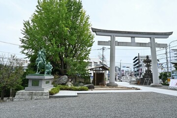 The shrine 'Shirahata-jinja' where the Japanese warlord Yoshitsune Minamoto is enshrined. There are statues of Yoshitsune Minamoto and his retainer Benkei. Fujisawa City, Kanagawa Prefecture, Japan.