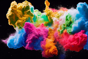 Multicolor splash of particles. Festival of colours. Powder burst isolated on back background. Paint splatter, splash and clouds. Textured chalk exploding in a bust of energy wallpaper.