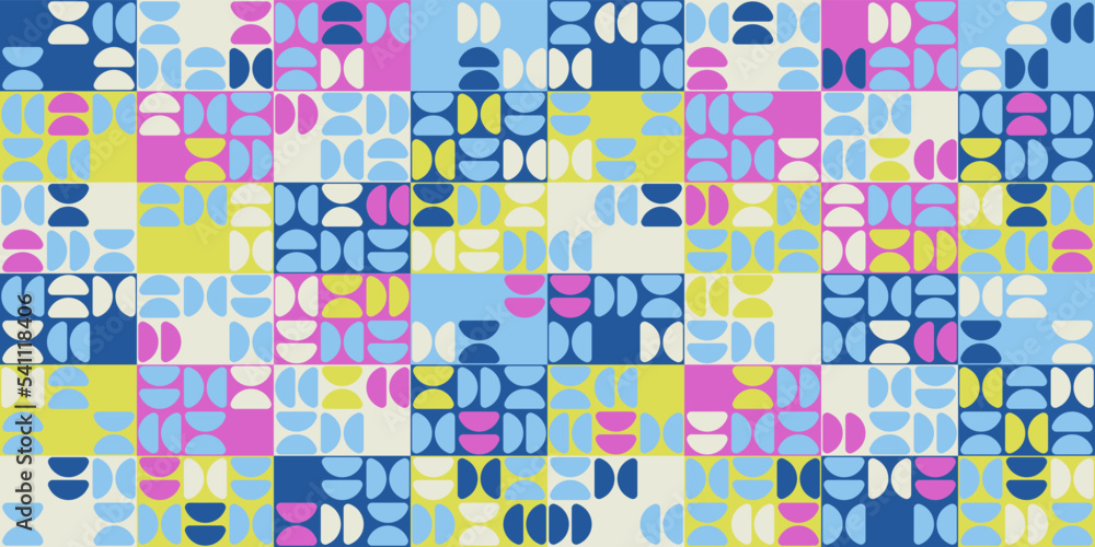 Poster Yellow pink and blue shaped beans on colored rectangles. Vector seamless pattern with abstract texture shapes.