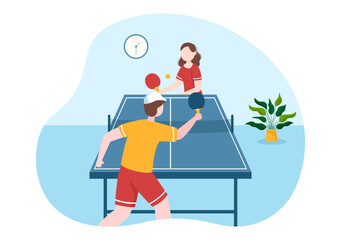 People Playing Table Tennis Sports with Racket and Ball of Ping Pong Game Match in Flat Cartoon Hand Drawn Templates Illustration