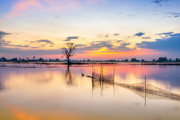 Sunset along the river flooded swampy countryside as the sun down horizon really dramatic end of a...