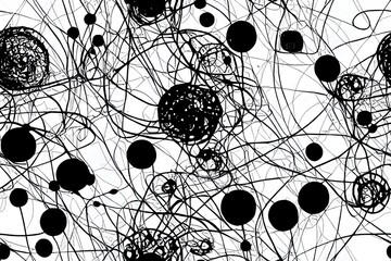 Organic irregular circular lines 2d illustration seamless pattern. Hand drawn black and white organic shapes and circles texture. Biological grunge squiggle lines, structure of natural cells. Dry