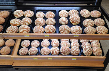 Panadería con conchas recién horneadas. Autentico pan de México.
