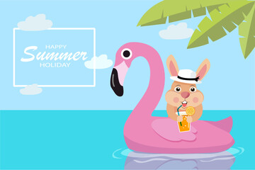 Obraz na płótnie Canvas Happy summer holiday concept. Beautiful outdoor a cute rabbit with flamingo float around sea ocean white cloud on blue sky for holiday vacation travel concept
