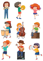Set of different kids playing music