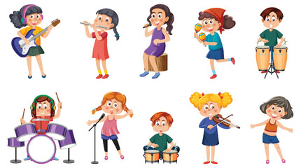 Set of different kids playing music