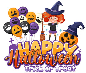 Witch girl with happy halloween font logo